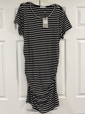 Maternity Black & White Striped Short Sleeve Dress